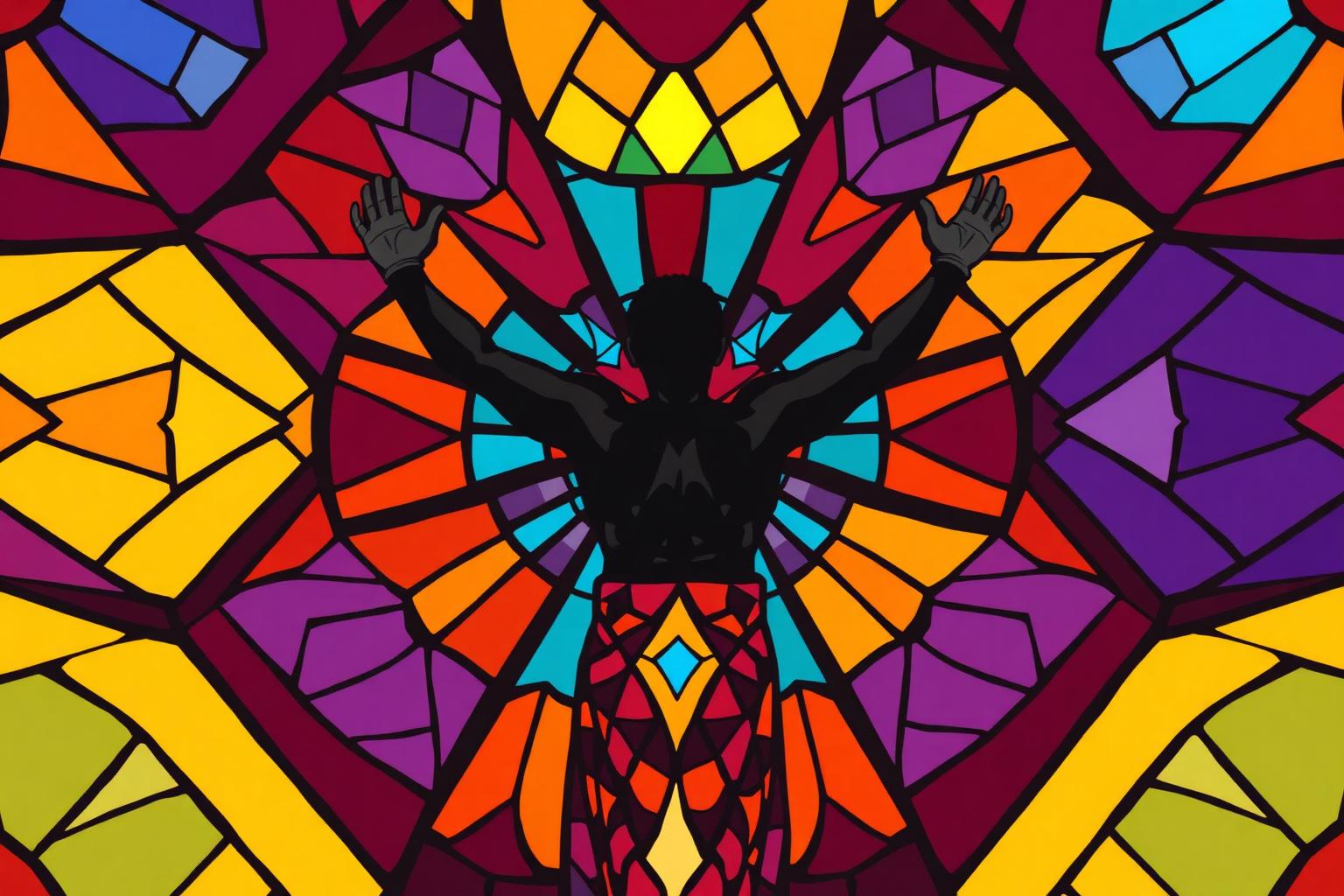 Stained-glass and kente composition: a Black figure with arms raised in celebration