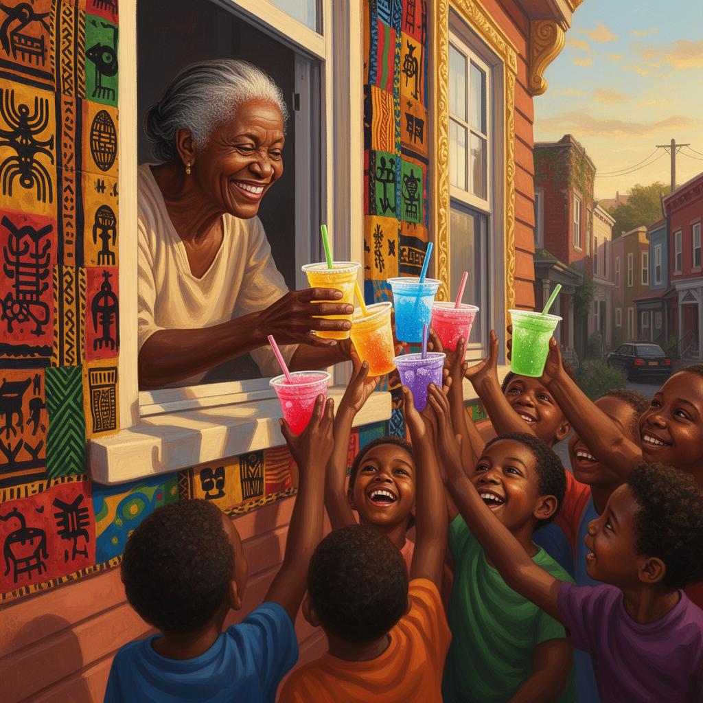 Older Black woman handing colorful quarter waters and frozen cups to happy Black children from her painted window